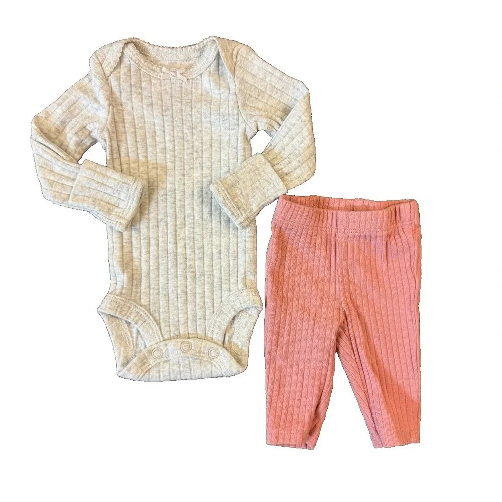 Carters‎ Baby Girl Preemie Pink Gray Ribbed Outfit Bodysuit Pants Solid Clothes